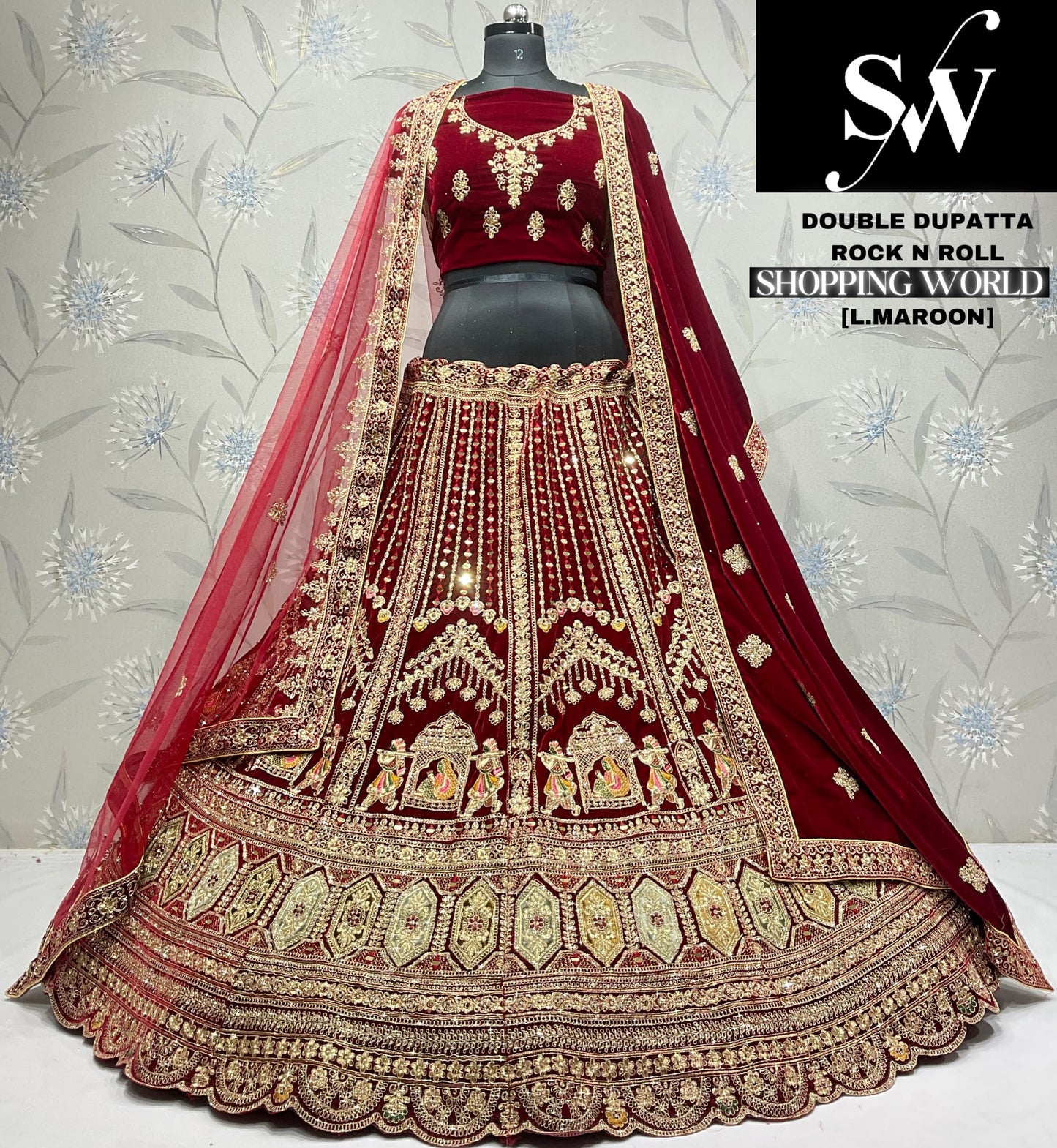 Stunning dark maroon doli barat Velvet bridal Lehenga