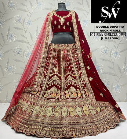 Stunning dark maroon doli barat Velvet bridal Lehenga