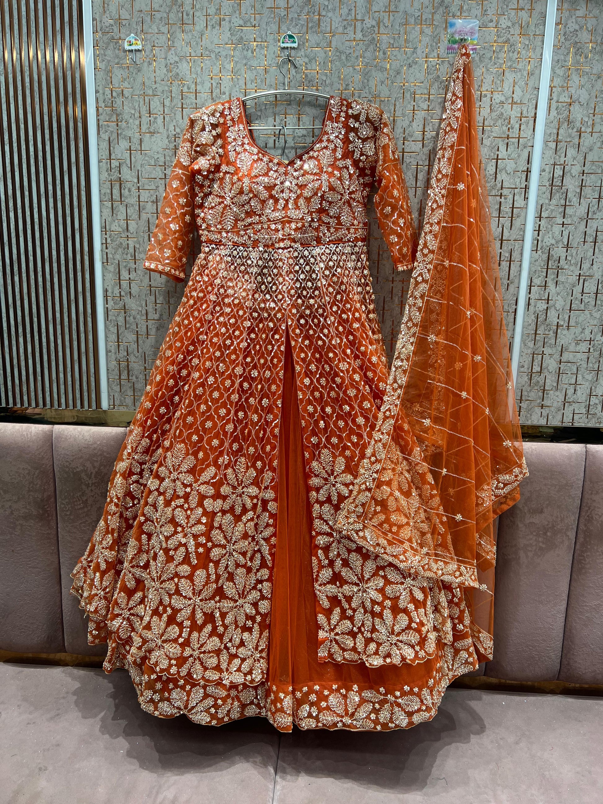 Majestic Beige golden long peplum Dress Farshi Gaharara Dress Special Majestic Beige golden long peplum Dress Farshi Gaharara Dress Special