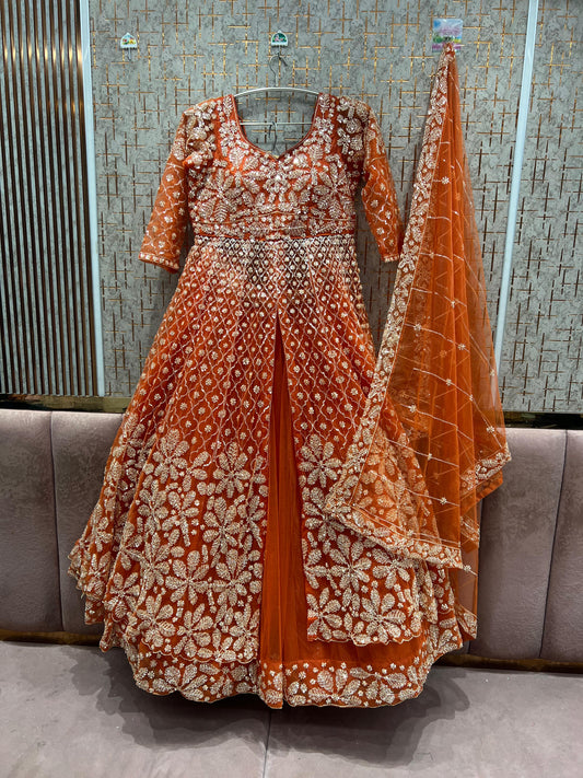 Charming Rust orange long peplum Dress Farshi Gaharara Dress Special