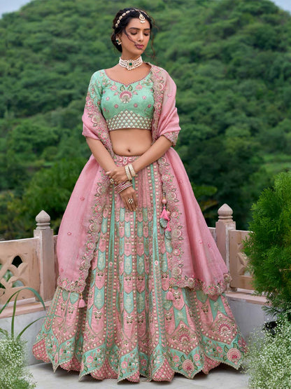Seagreen-Pink Pure Viscos Patch-Work Embroidered Semi Stitched Lehenga