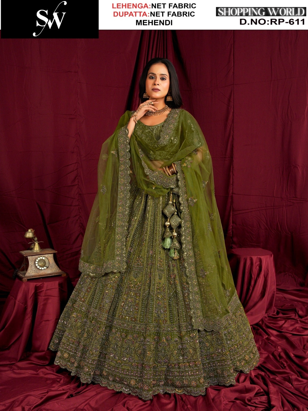 Tremendous Rust Net Bridal Lehenga