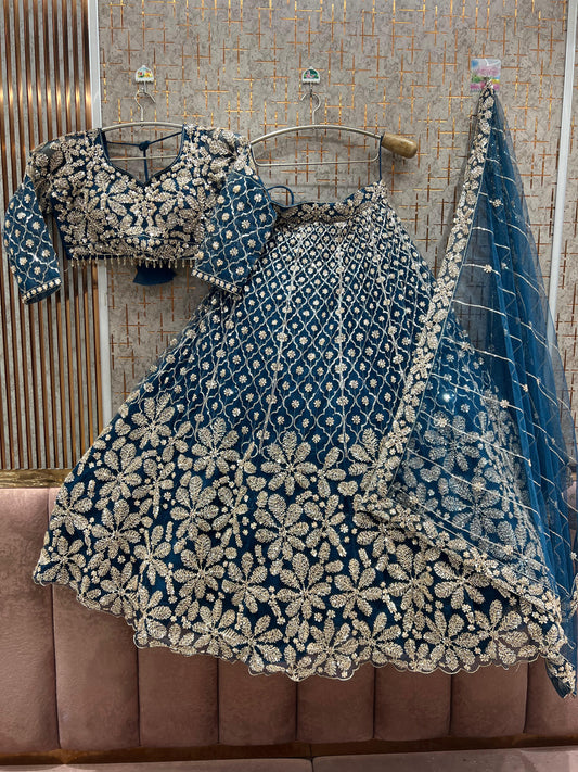 Fabulous Blue Floral Crop top Lehenga