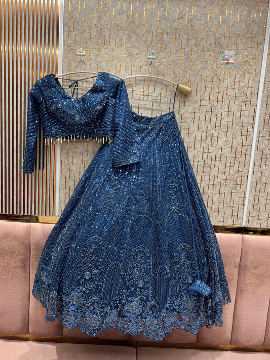 Pretty Dark Blue on Blue monotone Crop Top Lehenga