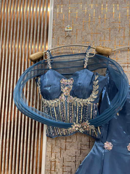 Blue Crop Top Lehenga - Shopping World