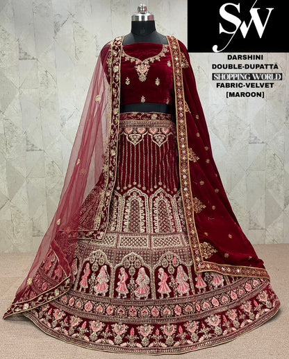 Majestic doli barat dark maroon Velvet bridal Lehenga