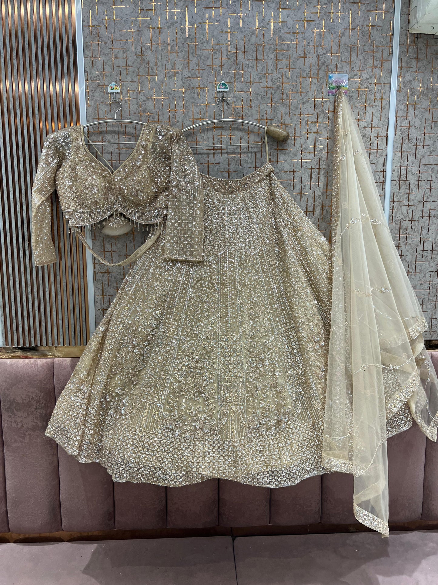 Beige golden Crop Top Lehenga