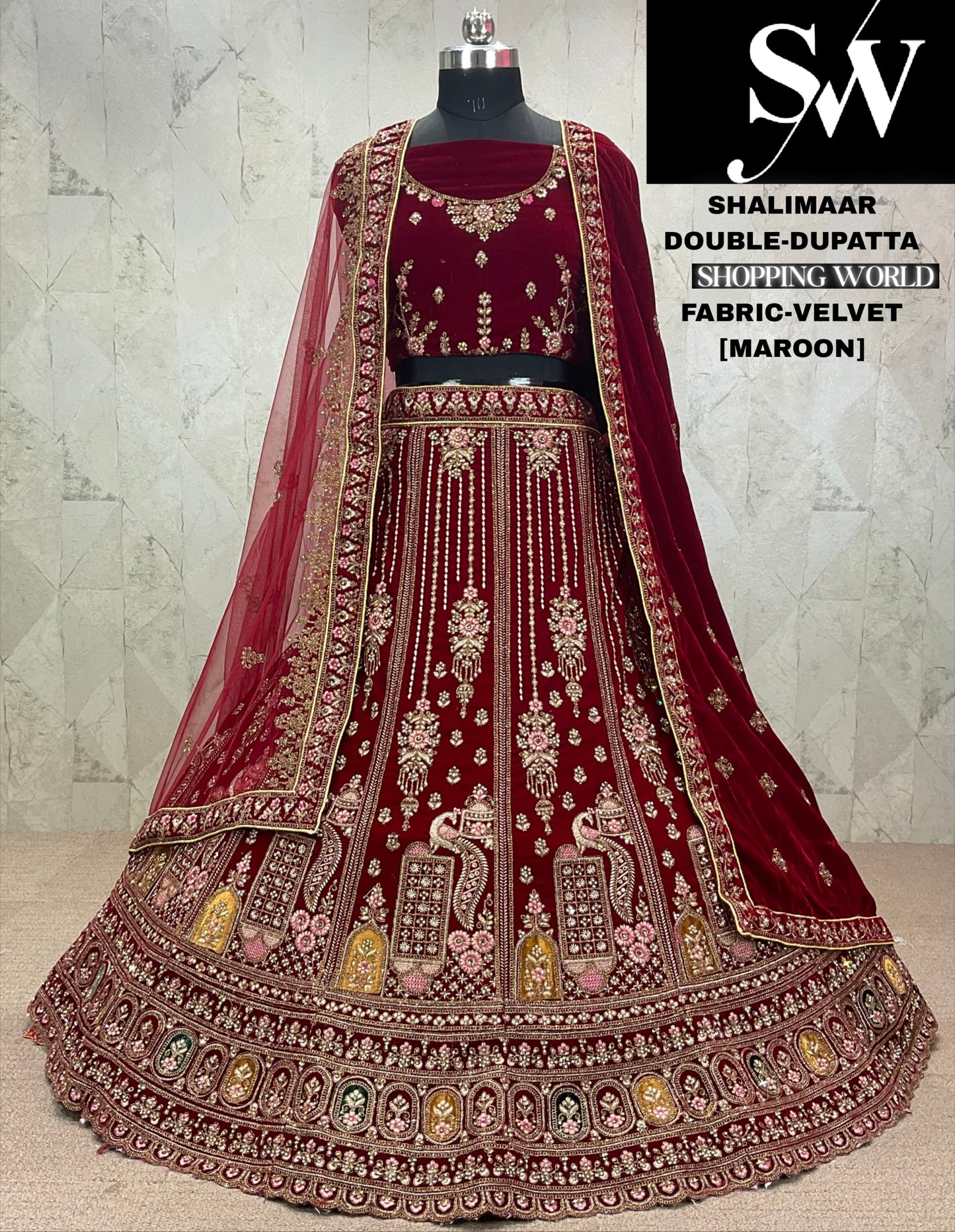 Fantastic maroon peacock Velvet bridal Lehenga