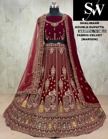 Fantastic maroon peacock Velvet bridal Lehenga