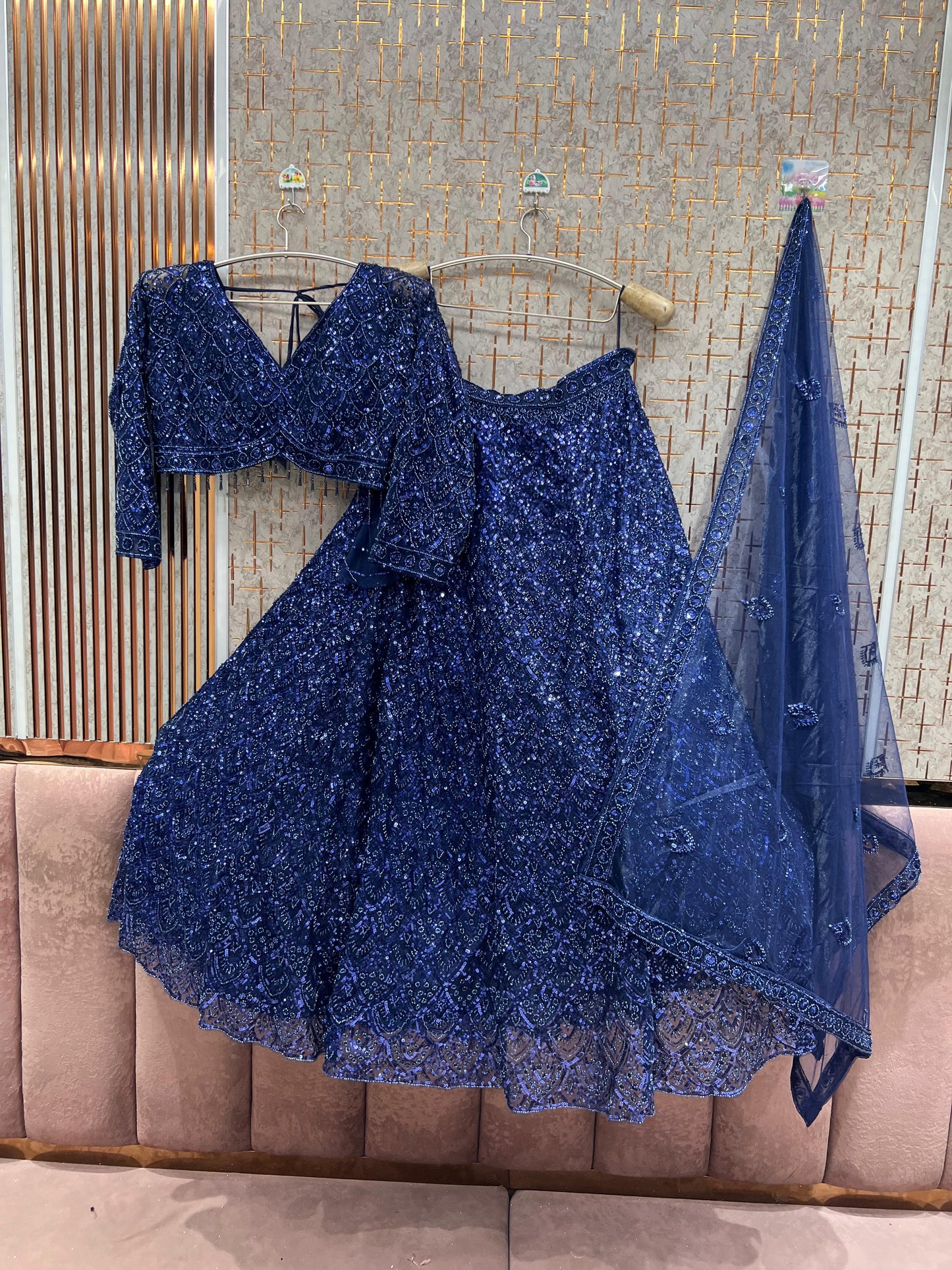 Dark Blue On Blue Monotone Crop Top Lehenga