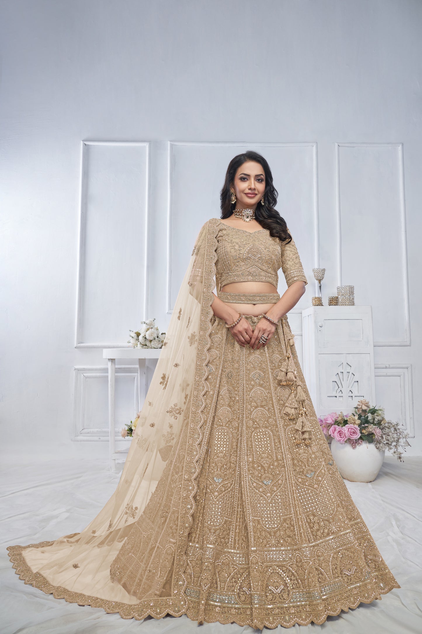 Tremendous beige light golden lehenga