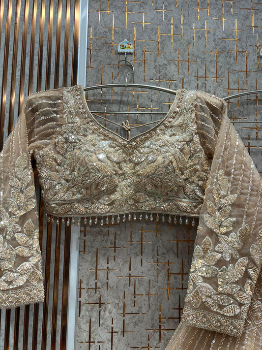 Stunning Beige golden Crop top Lehenga