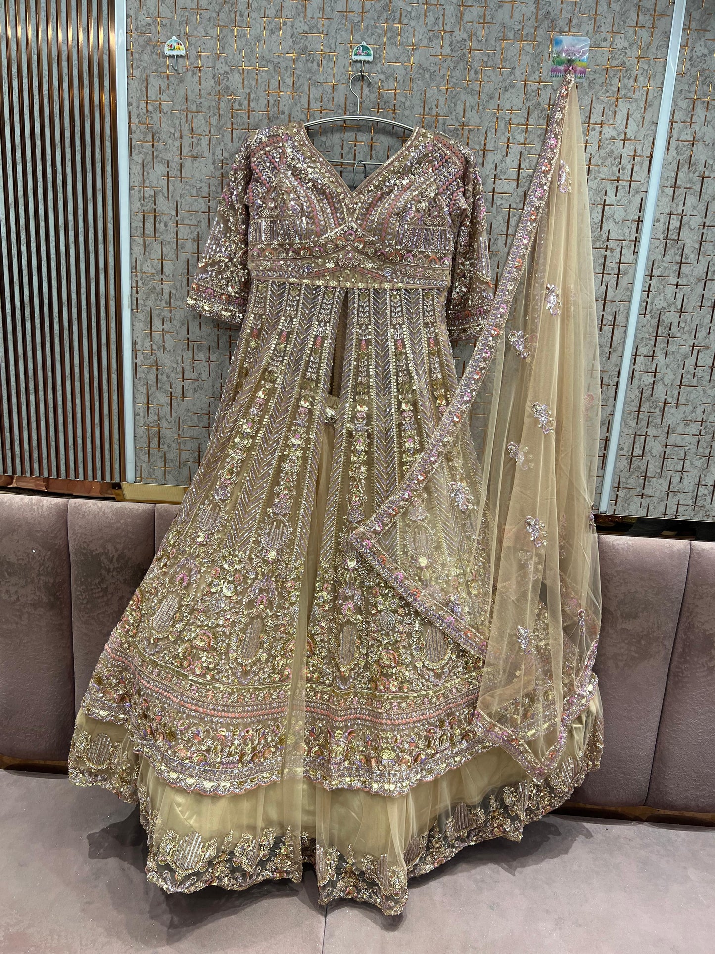 Beige Golden peplum long Dress Farshi Garara Dress Special