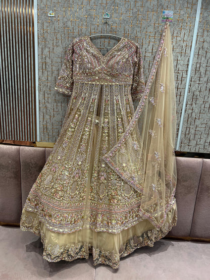 Beige Golden peplum long Dress Farshi Garara Dress Special