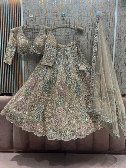 Beige Golden crop Top Lehenga