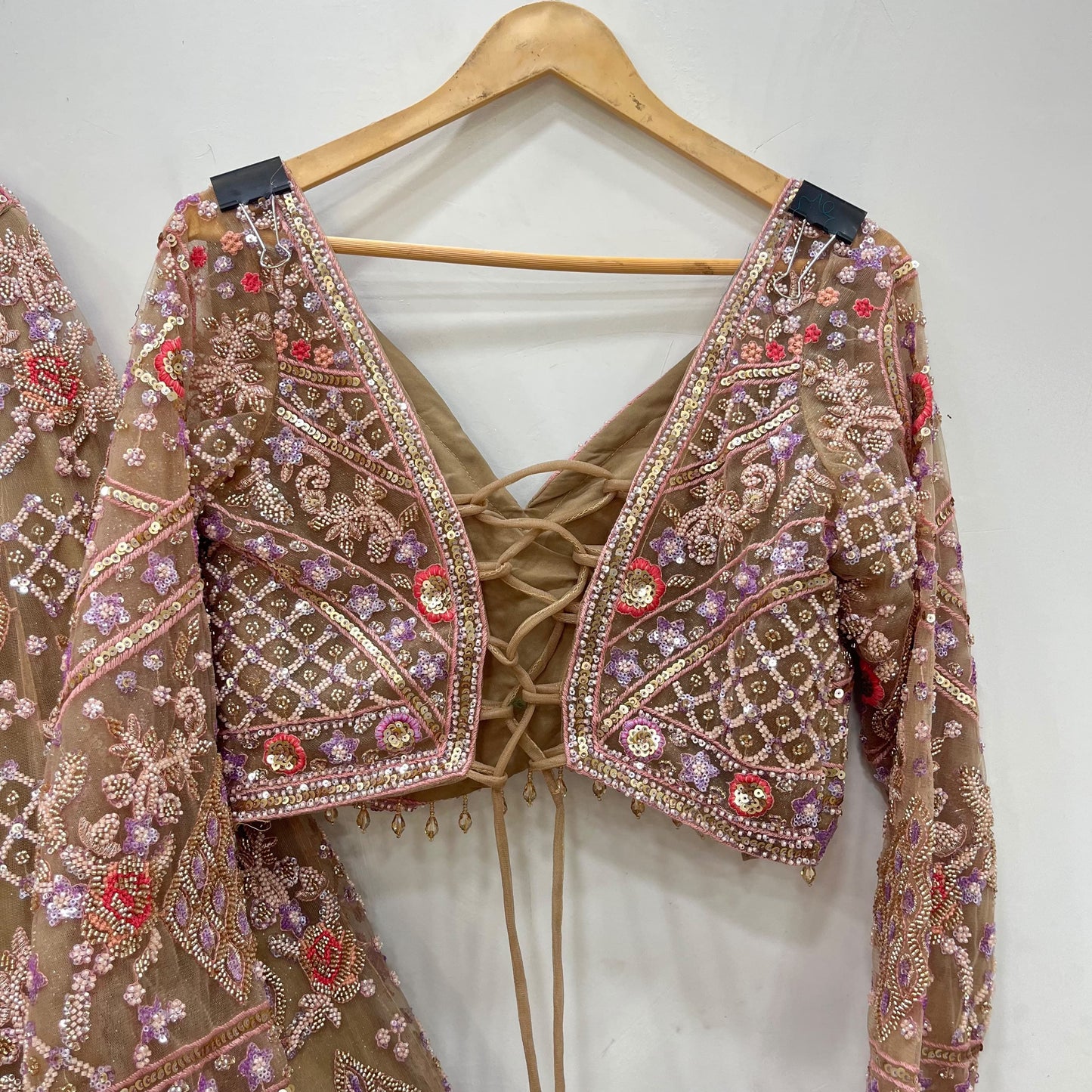 Beige Golden Crop Top Lehenga
