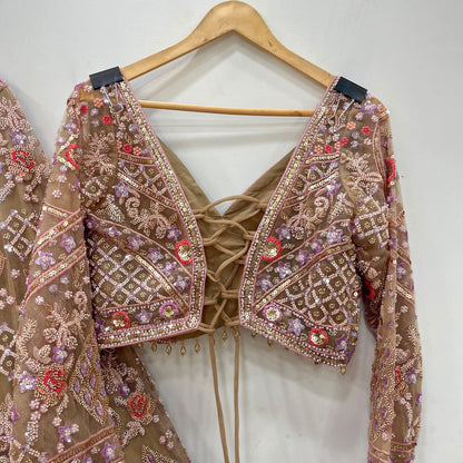 Beige Golden Crop Top Lehenga