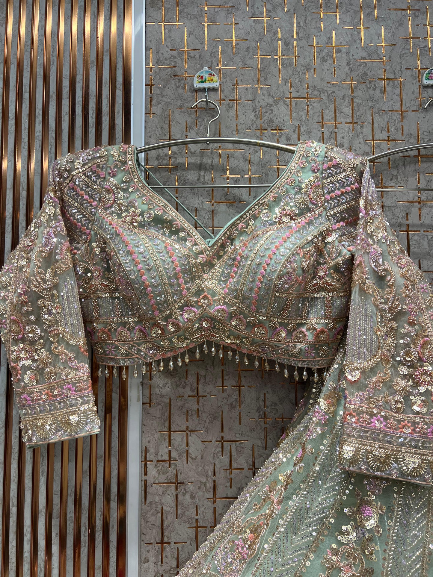 Stunning Beige Golden Crop top Lehenga