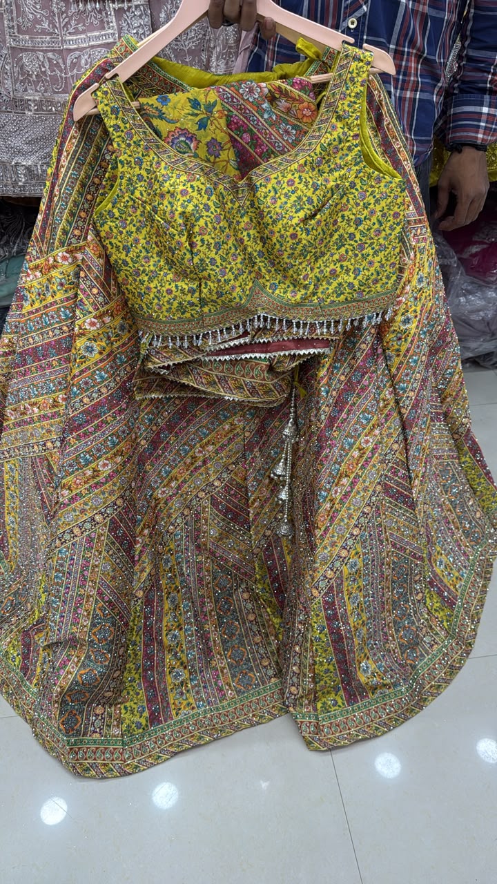 Pink Yellow Blue Double Shade Crop Top Lehenga