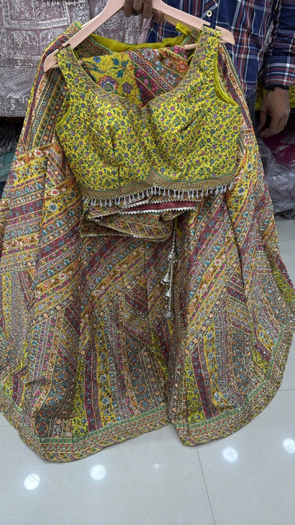 Pink Yellow Blue Double Shade Crop Top Lehenga