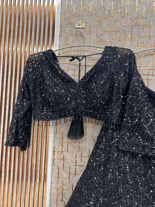 Black on Black Monotone Crop top Lehenga