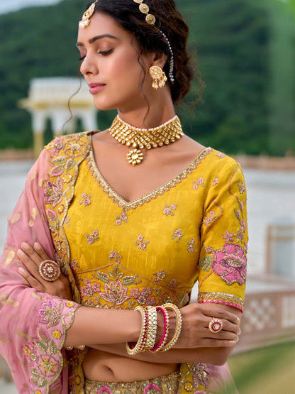Yellow-Pink Shade Patch-Work & Cut-Work Silk Embroidered Semi Stitched lehenga