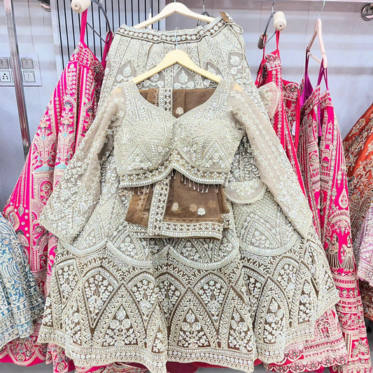 Delightful Light Cream peach Crop Top Lehenga