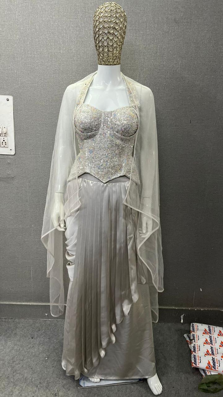 White Long Crop Top Lehenga