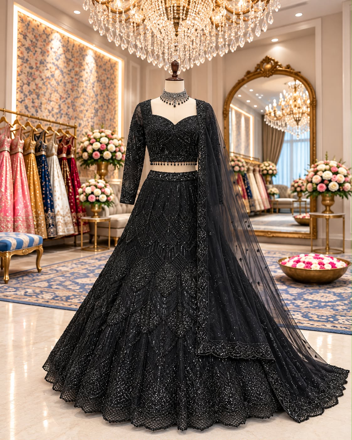Black fish cut crop top Lehenga