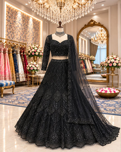 Black fish cut crop top Lehenga