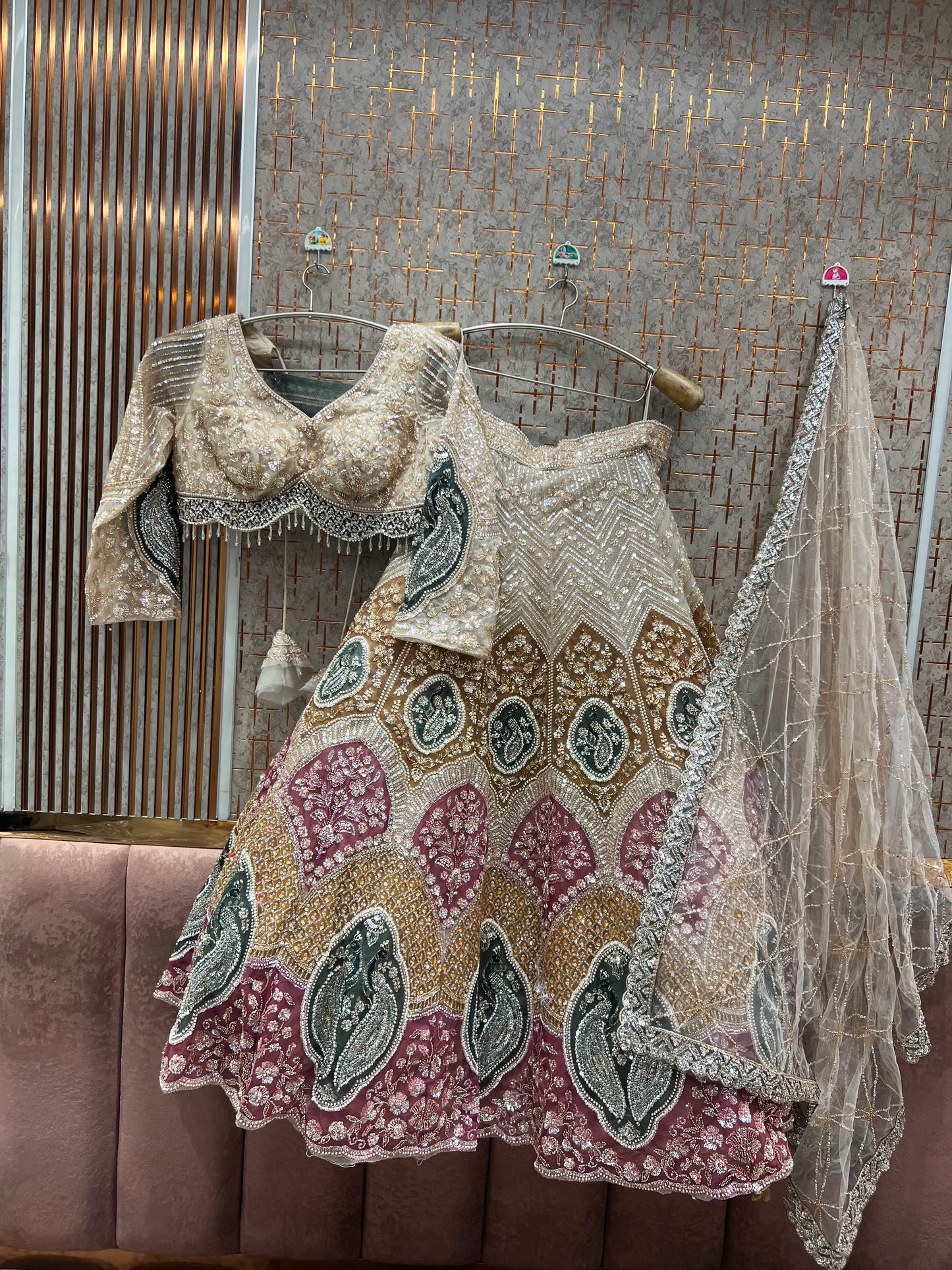 White Golden Peacock Crop Top Lehenga