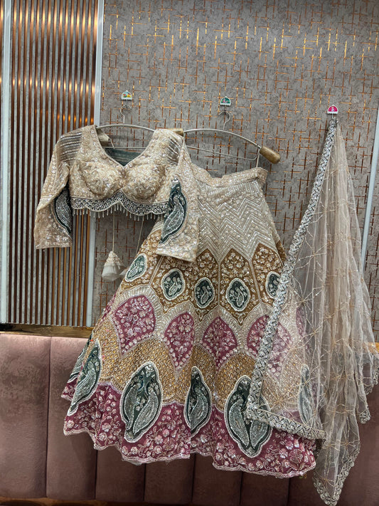 White Golden Peacock Crop Top Lehenga