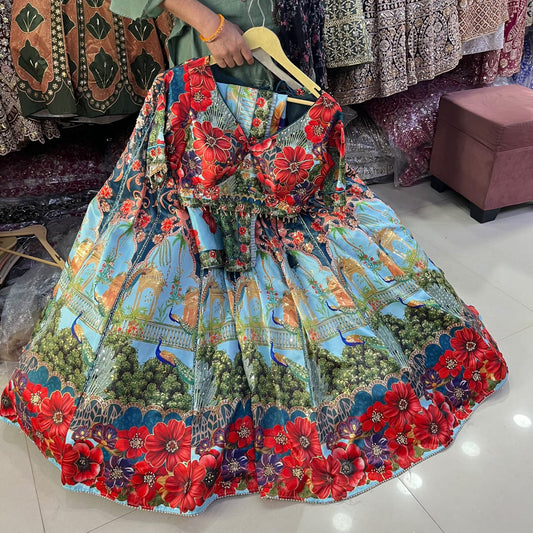 Sky Blue Peacock Crop Top Lehenga
