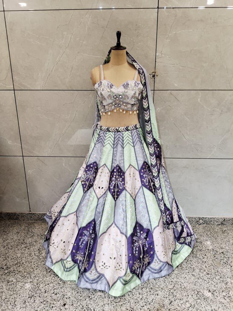 Yellow Green Multicolour Crop Top Lehenga