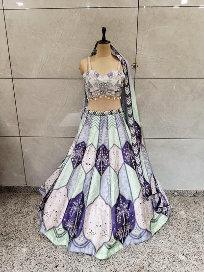 Yellow Green Multicolour Crop Top Lehenga