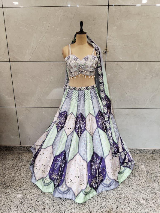 Purple Green Multicolour Crop Top Lehenga