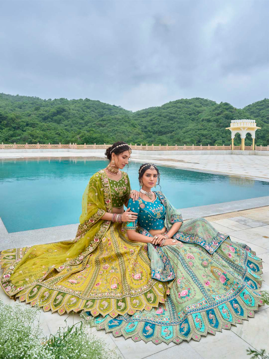 Pista-Teal Shaded Heavy Designer Embroidered Patchwork Silk Semi Stitched lehenga