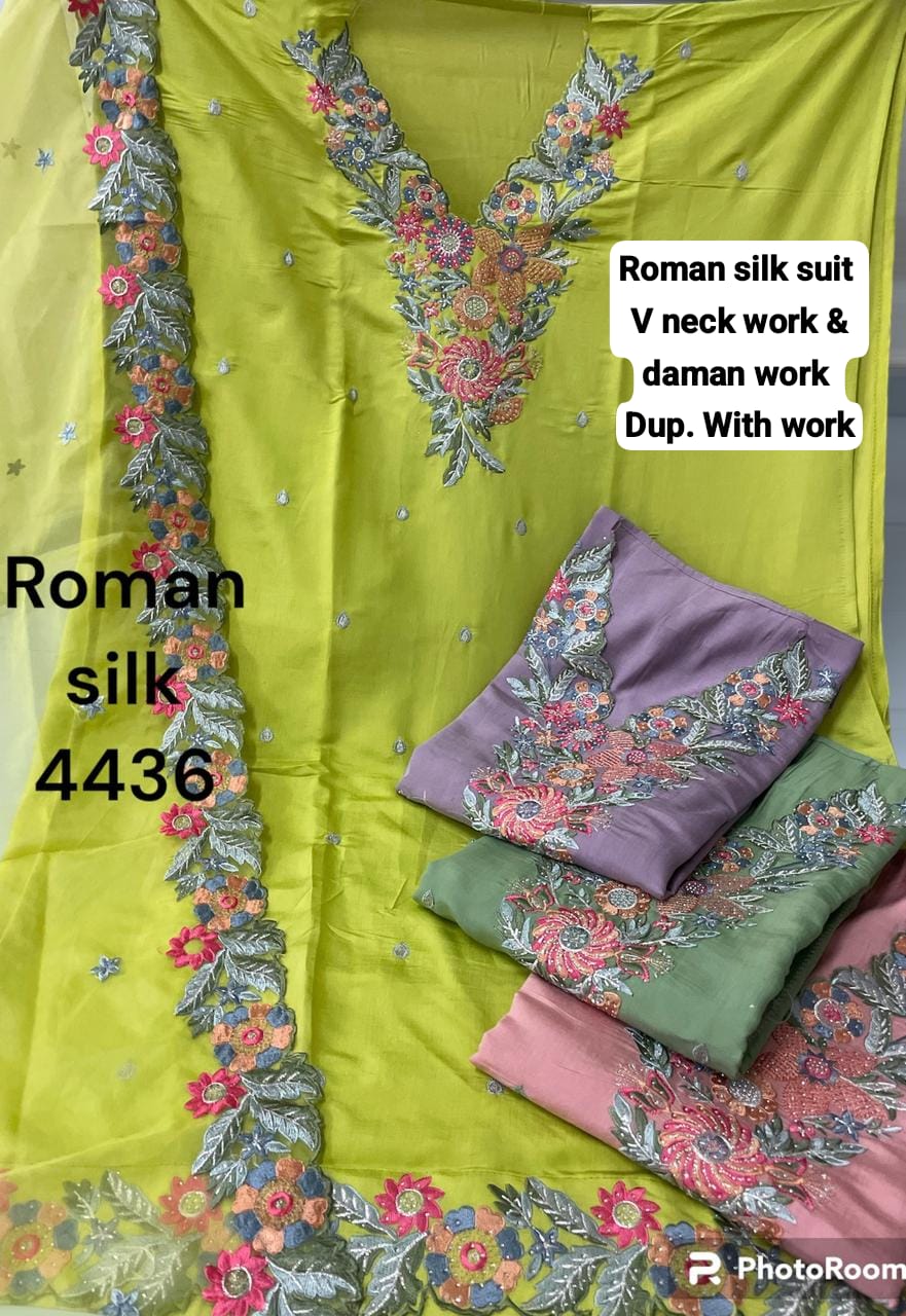 सुंदर दिखने वाला पिस्ता ग्रीन रोमन सिल्क अनस्टिच्ड सलवार सूट ड्रेस मटीरियल (फ्री साइज़)