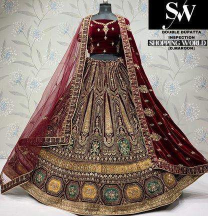 Astonishing rani pink Velvet bridal Lehenga
