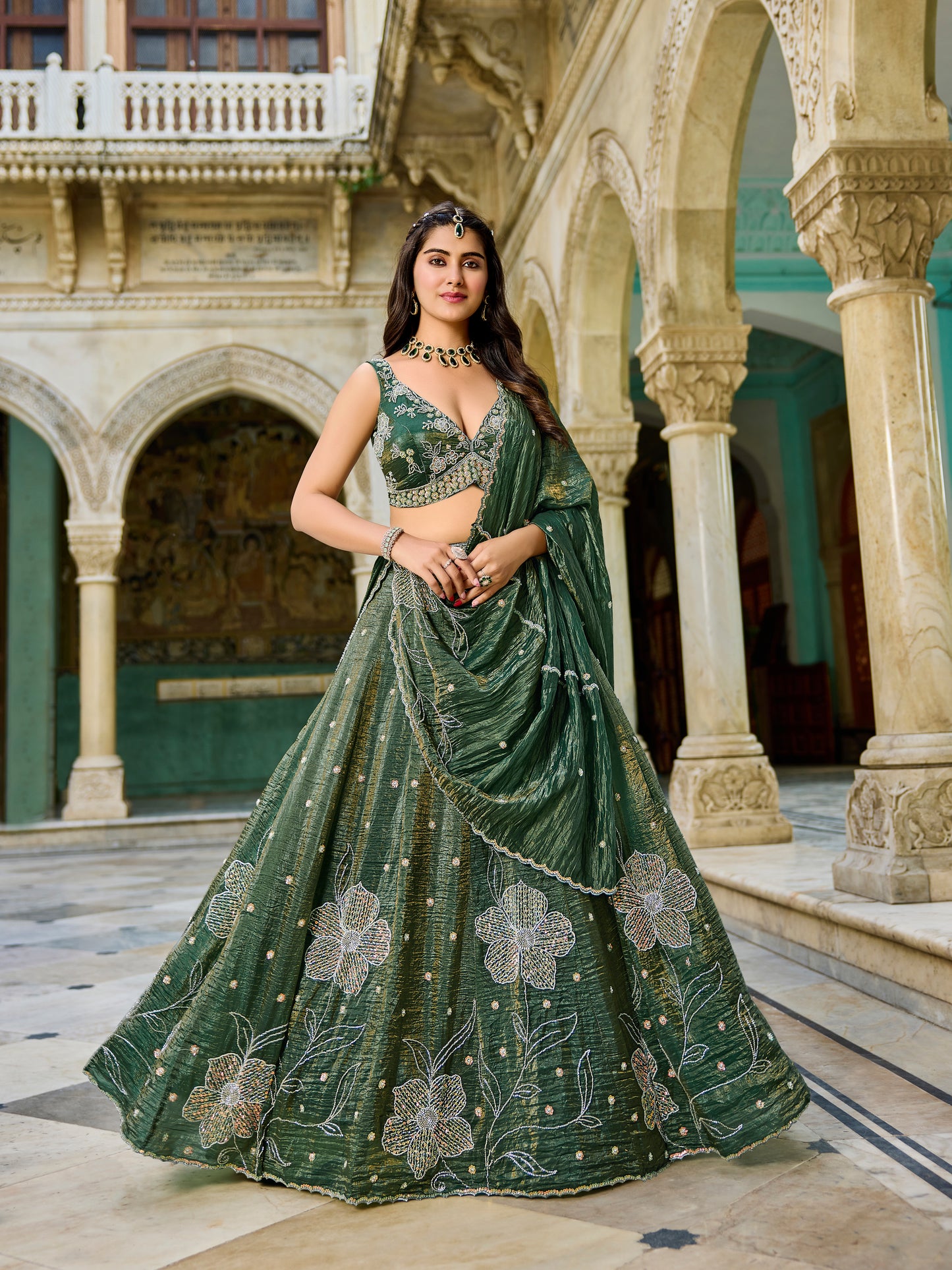 Tremendous Dark green Flower Crop top Lehenga 1187