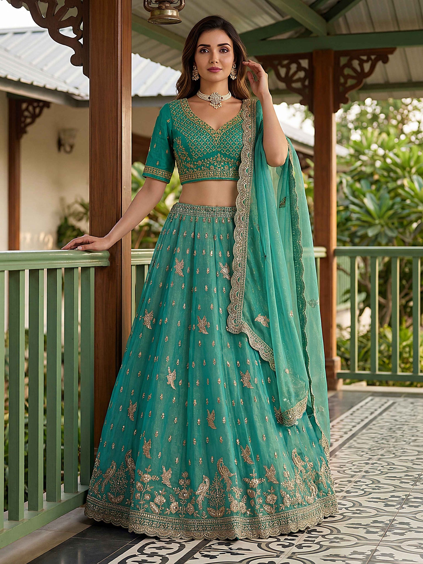 Sea Green Organza Tissue Fabric Lehenga 1247