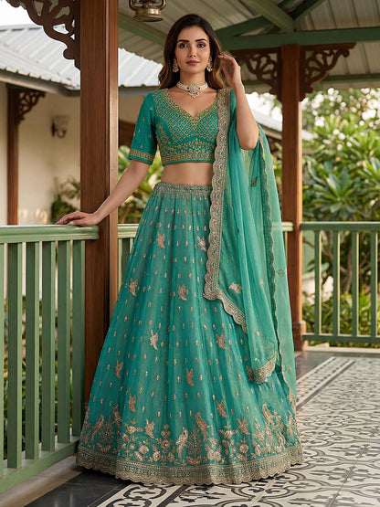 Sea Green Organza Tissue Fabric Lehenga 1247
