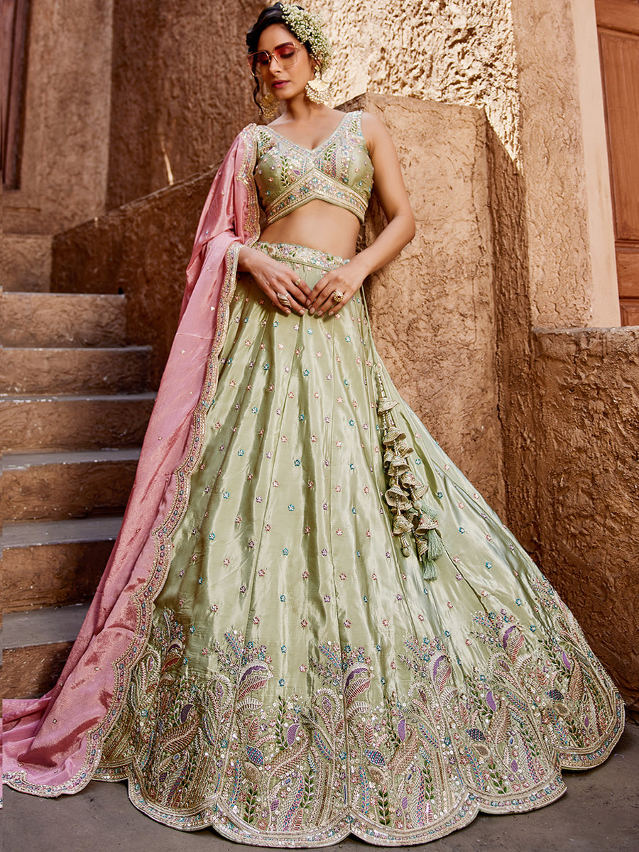 Satin Silk pink Fabric Sequins embroidery Semi-Stitched Lehenga choli & Dupatta lehenga