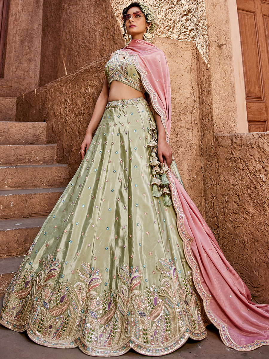 Satin Silk pink Fabric Sequins embroidery Semi-Stitched Lehenga choli & Dupatta lehenga