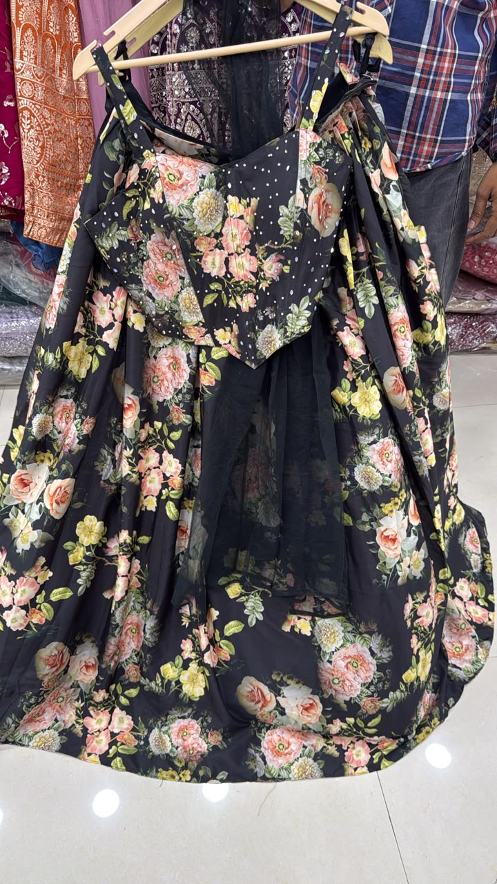 Pink Yellow Blue Double Shade Crop Top Lehenga