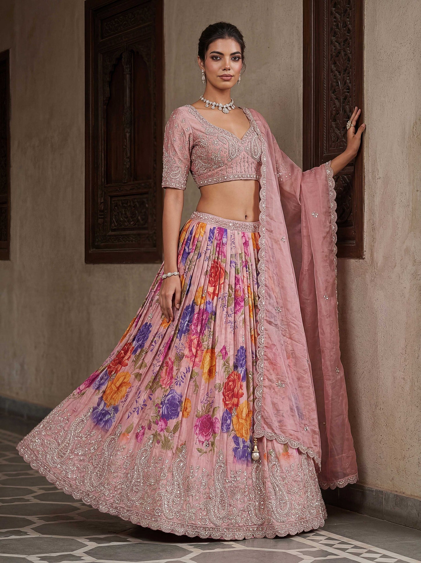 Green Tissue Fabric Bead Work Lehenga 1245