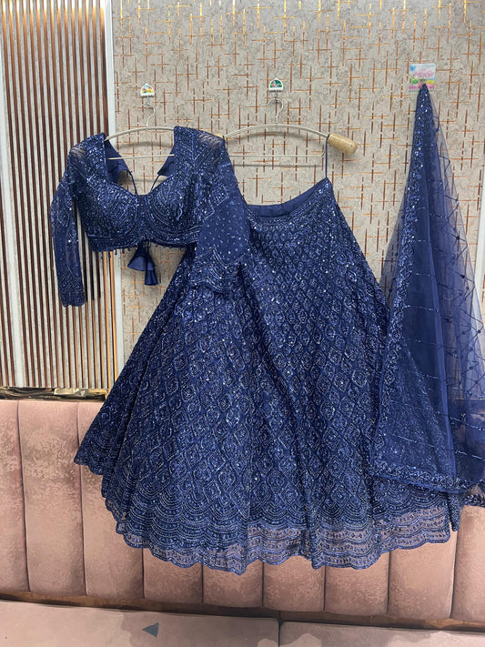 Dark Blue On Blue Monotone Crop Top Lehenga