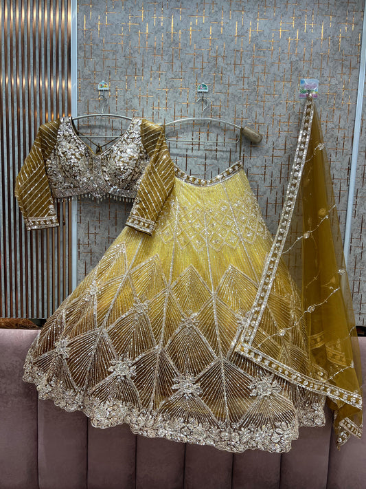 Engaging Yellow Golden Double Shade crop Top Lehenga