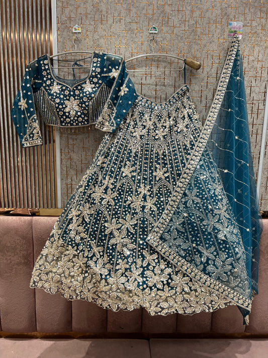 Lovely Blue Floral Crop Top Lehenga