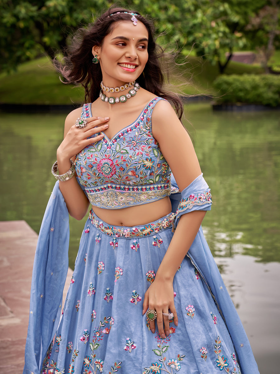 Multi-Color Sequined & Multi-Color Thread Mirror Embroidered Organza Lehenga